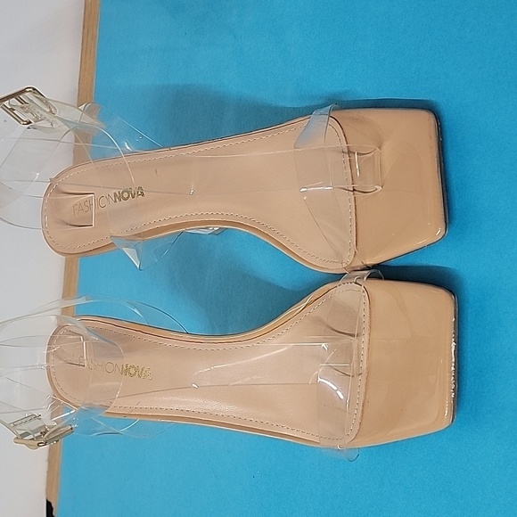 Fashion Nova Acrylic Lucite Heel Nude Clear Wrap Around Straps Square Toe Heels - Picture 9 of 12